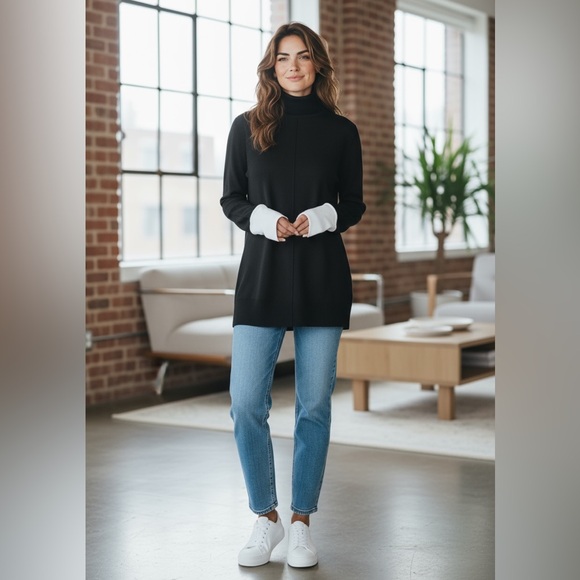 THEORY Black Turtleneck Long Sleeve Top with white cuffs Size MEDIUM - Picture 1 of 11